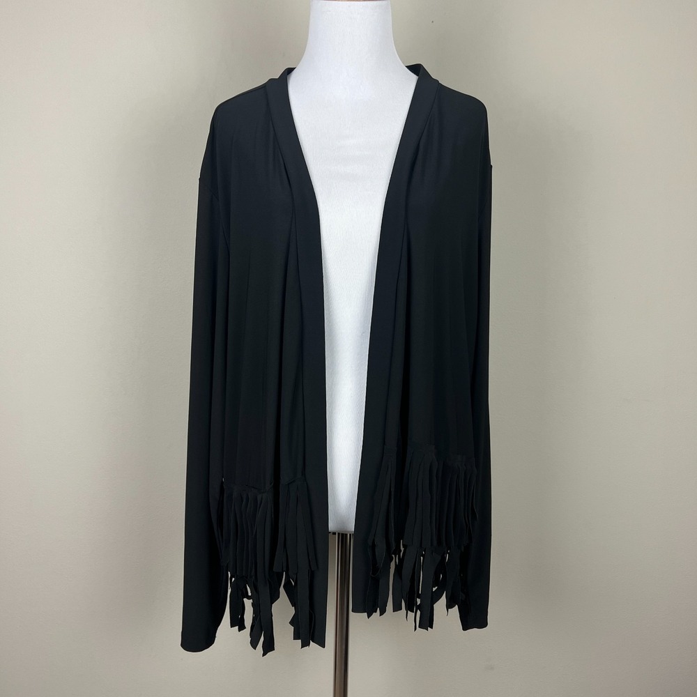 Attitudes by Renee Cardigan Fringe‎ Topper Womens 3X Black Como Jersey Knit Open